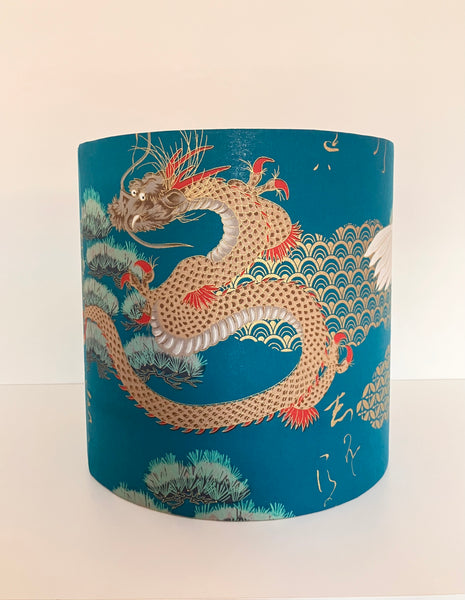 A Gold Lined Teal Japanese Crane & Dragon Lampshade