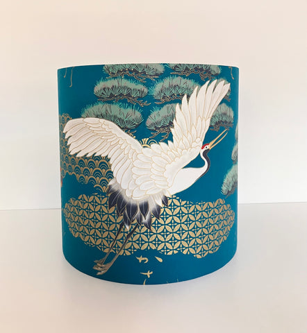 A Gold Lined Teal Japanese Crane & Dragon Lampshade