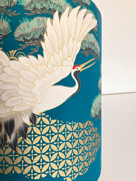 A Gold Lined Teal Japanese Crane & Dragon Lampshade