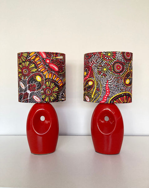 2x Aboriginal Bush Tucker After Rain Red Ceramic Table Lamps