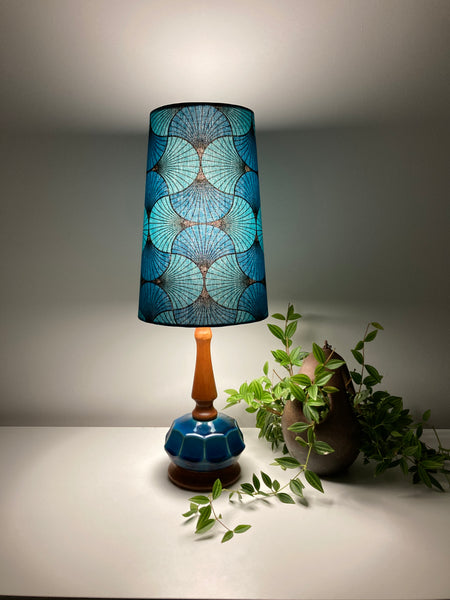 Teal Teak & Ceramic Geometric Table Lamp