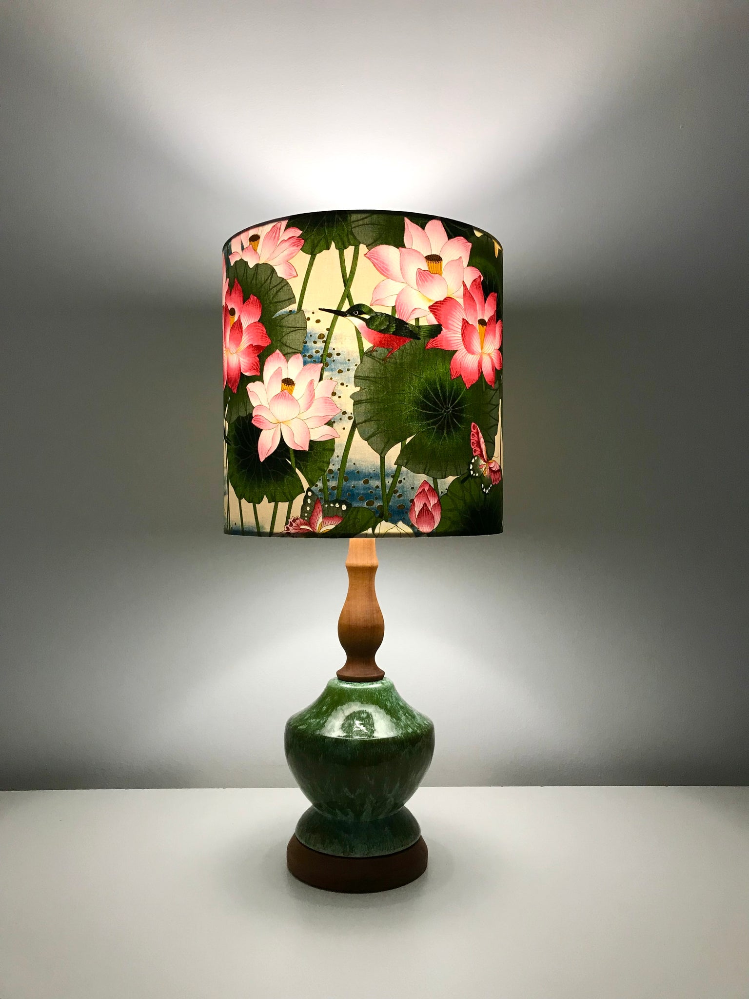 Japanese Lotus & Hummingbird Green Lamp