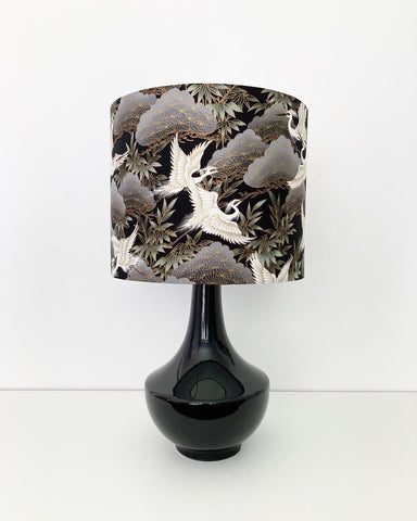 Flying Japanese Cranes Black Ceramic Table Lamp