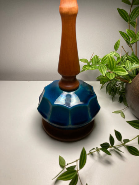 Teal Teak & Ceramic Geometric Table Lamp