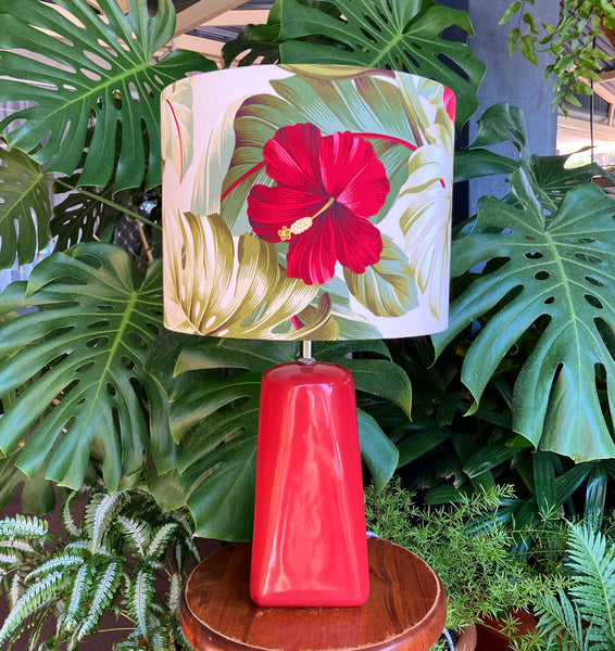 Monstera & Hibiscus Red Ceramic Table Lamp